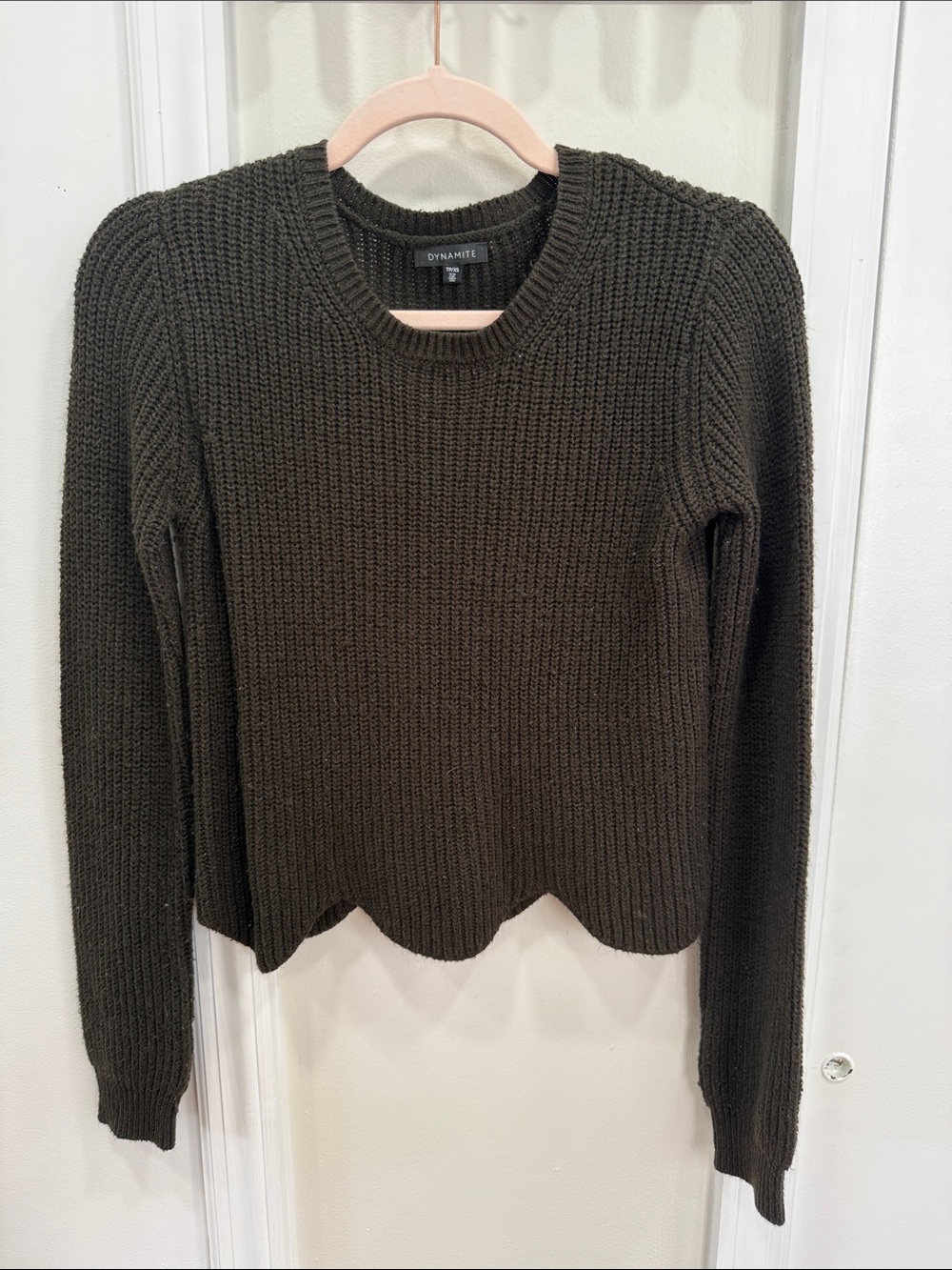 Dynamite Dark Olive Ribbed Crewneck Sweater with Scallop Hem